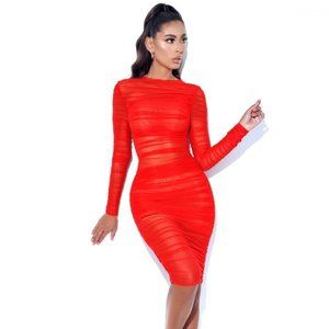 Jimena Red Ruched Mesh Long Sleeve Dress